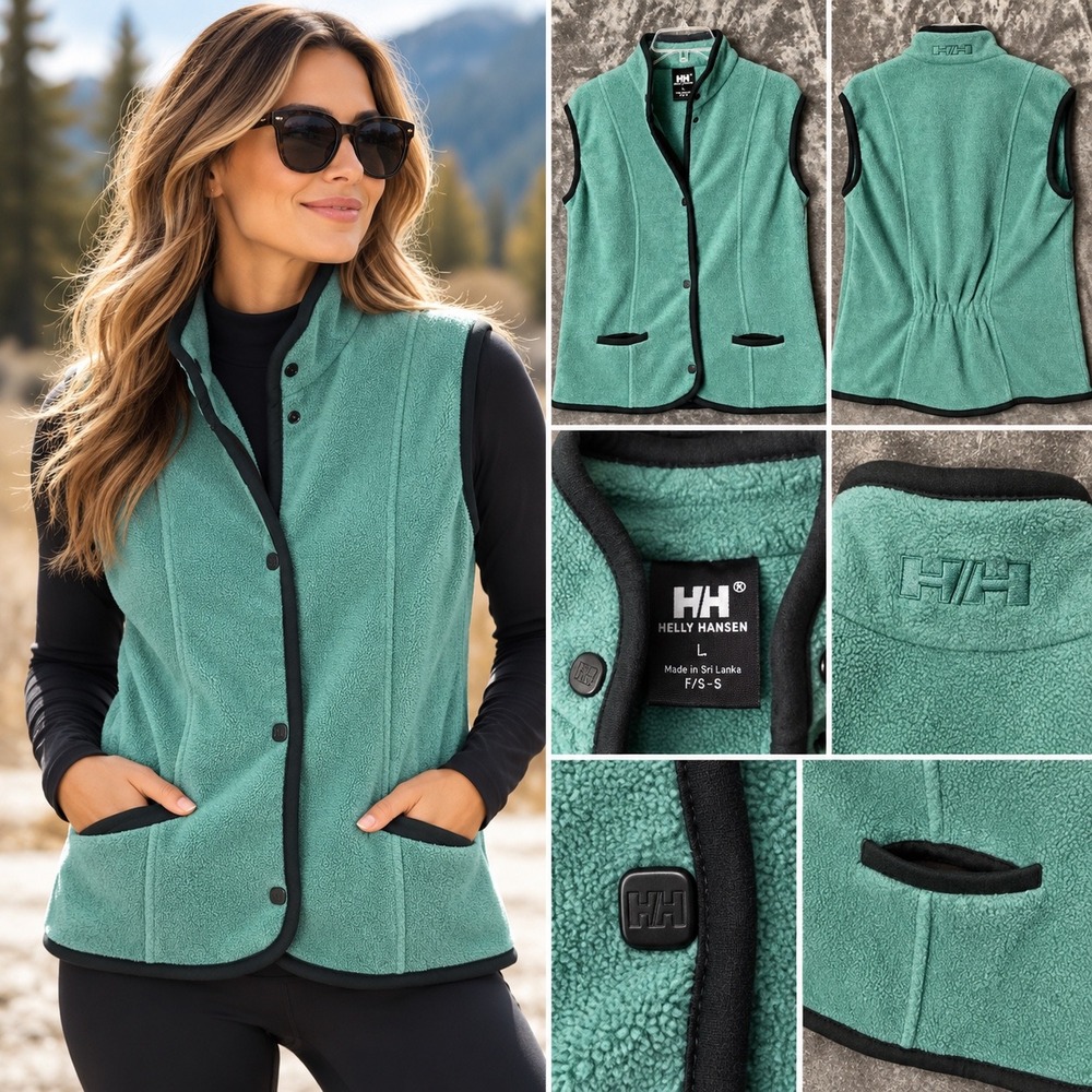 Helly Hansen Women Lg Fleece Vest Teal Green Snap Front Gorpcore Outdoor Layer
